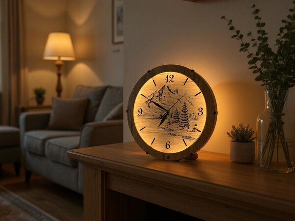 "Hory" světelné hodiny 230V/12V/dub velikost svítidla/hodin: 31 cm