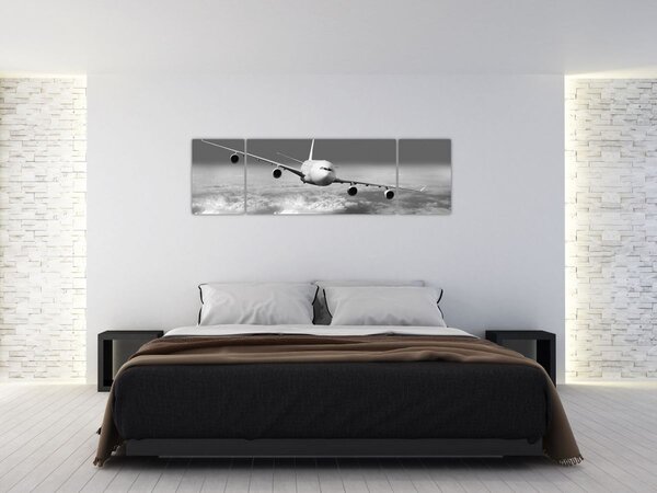 Obraz - Letadlo v oblacích, černobílé (170x50 cm)