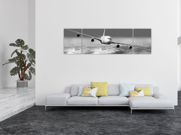 Obraz - Letadlo v oblacích, černobílé (170x50 cm)