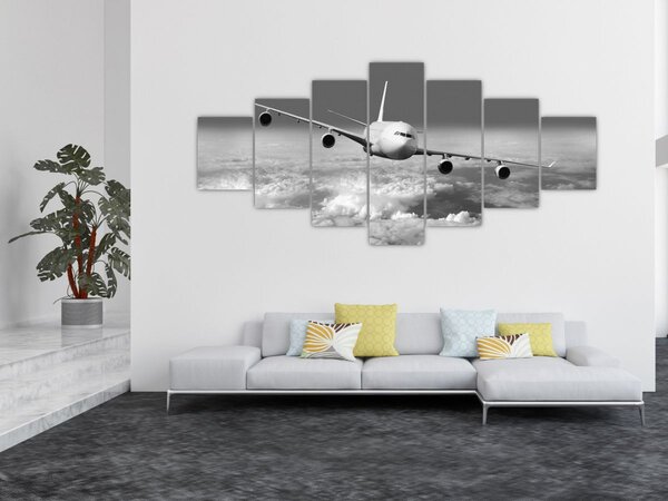 Obraz - Letadlo v oblacích, černobílé (210x100 cm)
