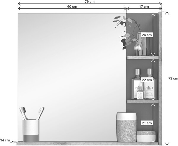 Dřevěné koupelnové zrcadlo Rootz X12B8719 – nástěnné zrcadlo – imitace dubu Nox – čedičově šedá – nadčasový design – 73 cm x 79 cm