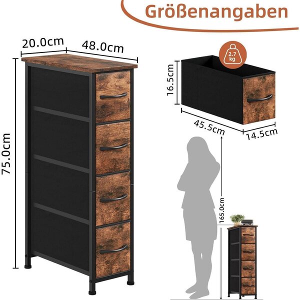 Komoda se 4 zásuvkami potaženými látkou, s dekorativním vzorem imitujícím dřevo, rozměry 48 x 20 x 75 cm