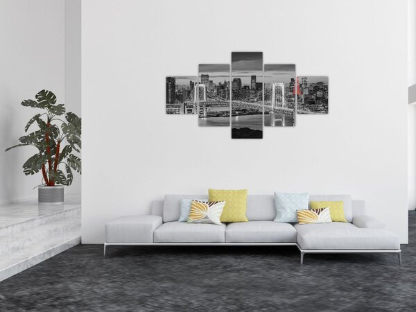 Obraz - Velkoměsto s červenou věží (125x70 cm)