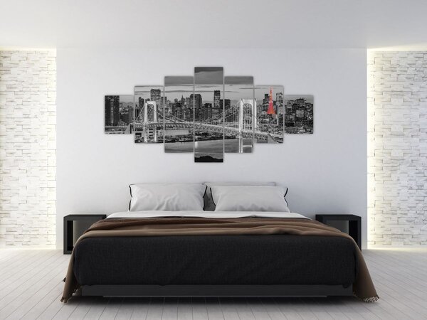 Obraz - Velkoměsto s červenou věží (210x100 cm)