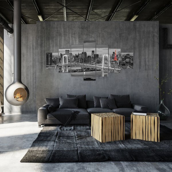 Obraz - Velkoměsto s červenou věží (210x100 cm)