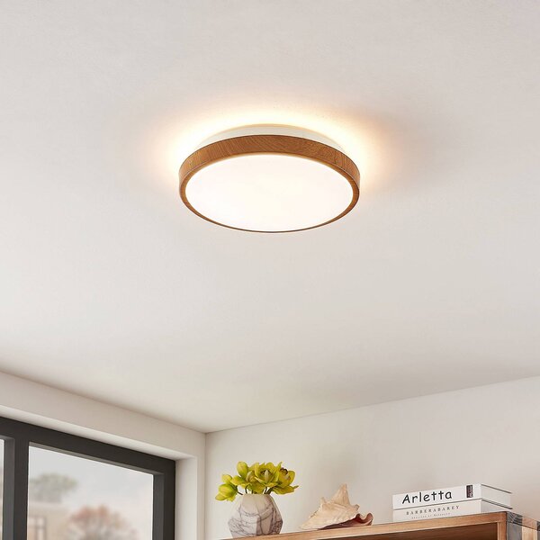 Lindby LED stropní svítidlo Mendosa, kulaté, světlé dřevo, Ø 29 cm, Světlé dřevo, Obývací pokoj / jídelna, Plast, Moderní