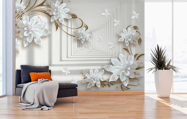 Fototapeta Bílý květinový vzor na bílém pozadí, 3D fototapety, Populární fototapety, u21861 - Tapeko.co.cz