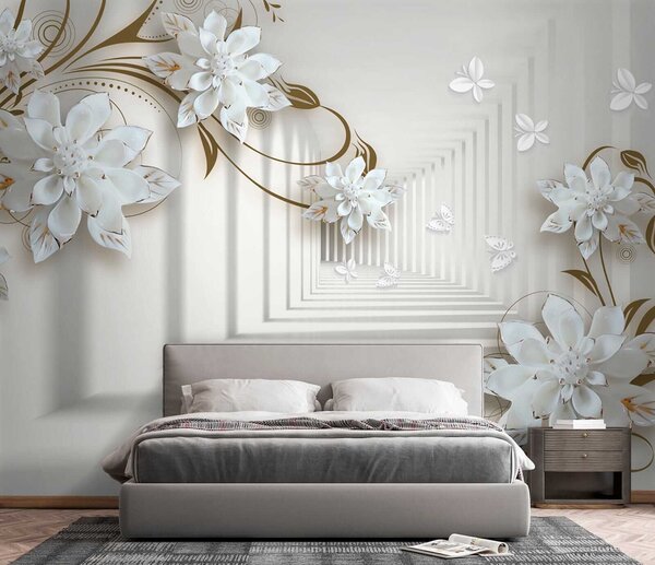 Fototapeta Bílý květinový vzor na bílém pozadí, 3D fototapety, Populární fototapety, u21861 - Tapeko.co.cz