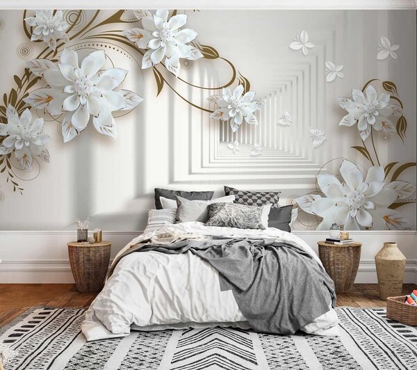 Fototapeta Bílý květinový vzor na bílém pozadí, 3D fototapety, Populární fototapety, u21861 - Tapeko.co.cz