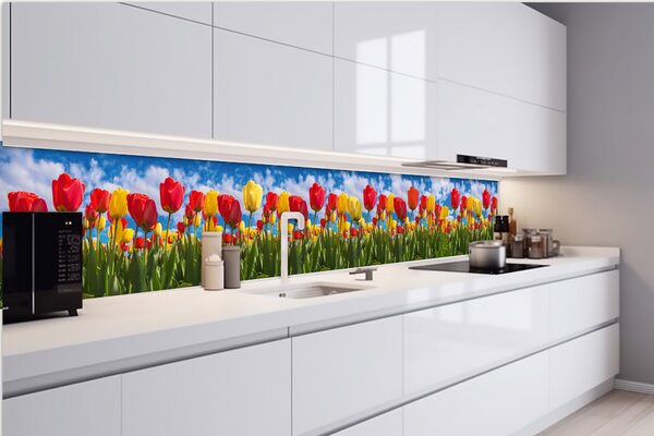 DIMEX | Fototapeta do kuchyně Pole tulipánů KI-420-131| 420 x 60 cm | zelená, modrá, červená, žlutá