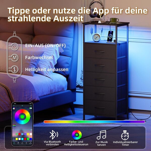 Komoda se zásuvkami a zásuvkou, s LED osvětlením, zásuvkou, USB-C portem, 5 zásuvkami potaženými látkou, černá barva, rozměry 30x40x101 cm