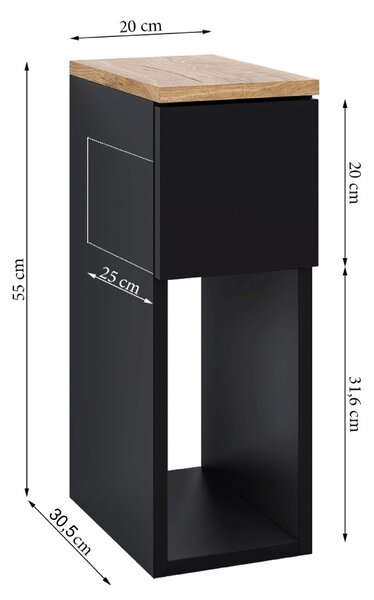 Noční stolek ComfortCove černý matný s portem USB/C 1 šuplík
