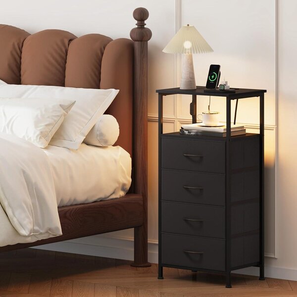 Komoda se zásuvkami a nabíjecí funkcí, s LED osvětlením, zásuvkou, 4 látkovými zásuvkami, černá barva, 30T x 40B x 86,5H