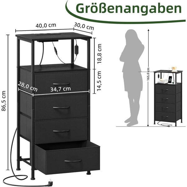Komoda se zásuvkami a nabíjecí funkcí, s LED osvětlením, zásuvkou, 4 látkovými zásuvkami, černá barva, 30T x 40B x 86,5H