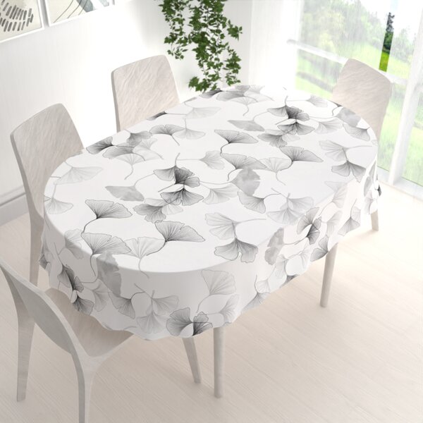 Biante Bavlněný oválný ubrus Sandra SA-512 Šedo-bílé ginkgo listy na bílém 50x100 cm