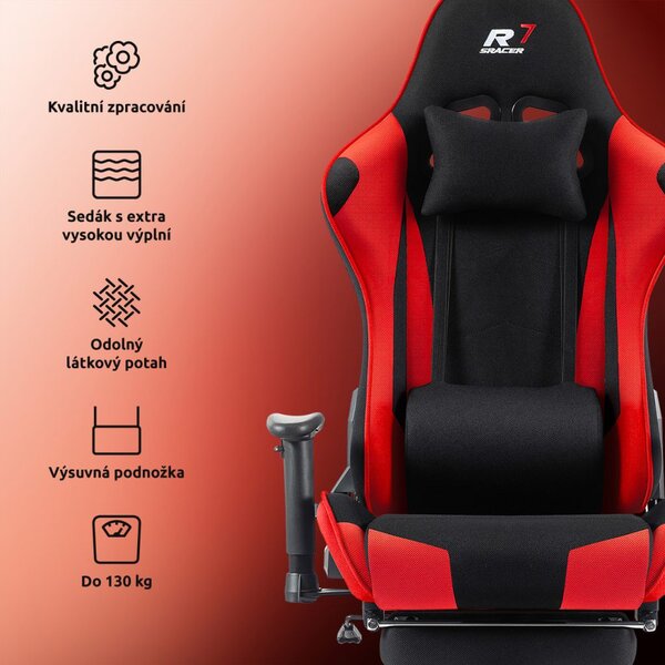 Herní židle k PC Sracer R7 s područkami a podnožkou nosnost 130 kg černá-červená