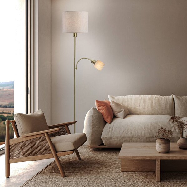 Näve Stojací lampa Filomena, béžová/mosaz, textil, ramena na čtení, E27, E14, Krémová / jantar, Obývací pokoj / jídelna, kov, Lampička na čtení