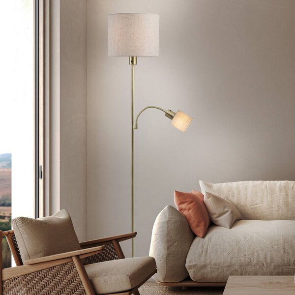 Näve Stojací lampa Filomena, béžová/mosaz, textil, ramena na čtení, E27, E14, Krémová / jantar, Obývací pokoj / jídelna, kov, Lampička na čtení