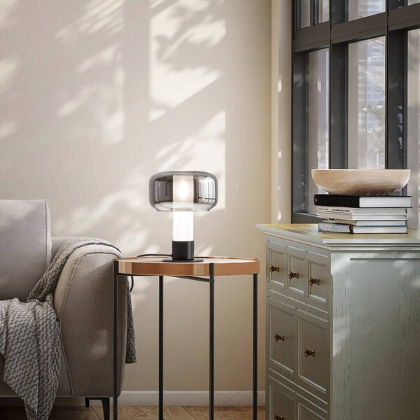 Fabas Luce Stolní lampa Flick, kouřově šedá, sklo, 28 cm, stmívatelné, E14, stmívatelný, Hliník / šedá / zinek, Obývací pokoj / jídelna, Sklo, Moderní