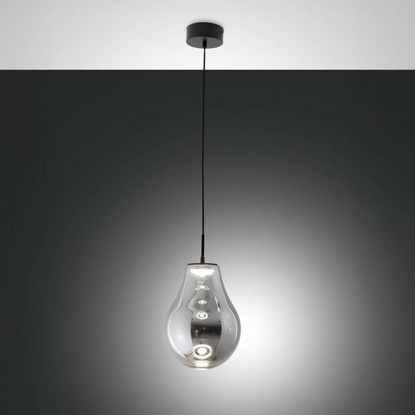 Fabas Luce Závěsné světlo LED Noa, šedé, sklo, Ø 25 cm, stmívatelné, stmívatelný, Hliník / šedá / zinek, Obývací pokoj / jídelna, Sklo, Moderní