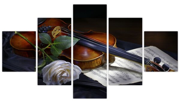 Obraz - Růže a housle (125x70 cm)