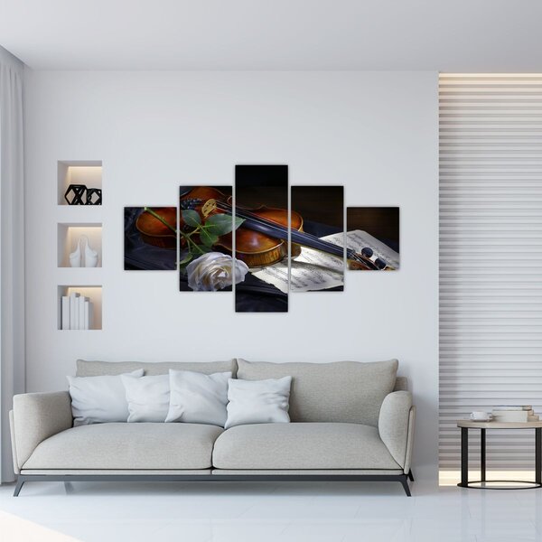Obraz - Růže a housle (125x70 cm)