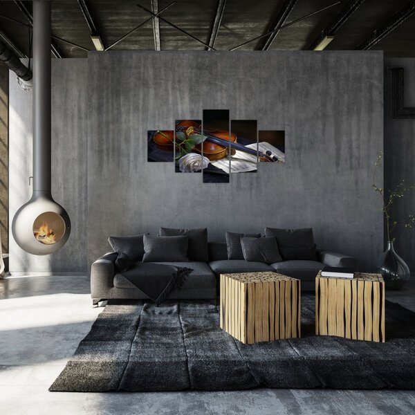 Obraz - Růže a housle (125x70 cm)