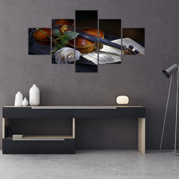 Obraz - Růže a housle (125x70 cm)