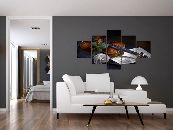 Obraz - Růže a housle (125x70 cm)