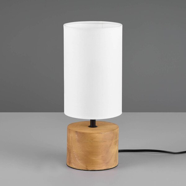 Reality Leuchten Stolní lampa Woody, dřevo/textil, válec, bílá, Světlé dřevo, Obývací pokoj / jídelna, Dřevo, Skandinávský