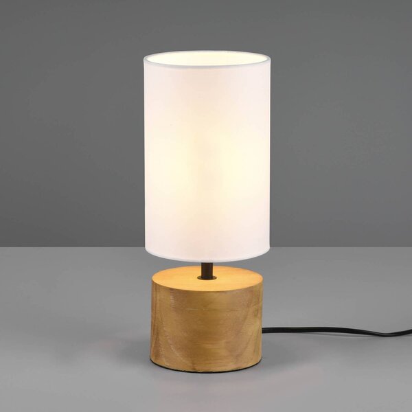 Reality Leuchten Stolní lampa Woody, dřevo/textil, válec, bílá, Světlé dřevo, Obývací pokoj / jídelna, Dřevo, Skandinávský
