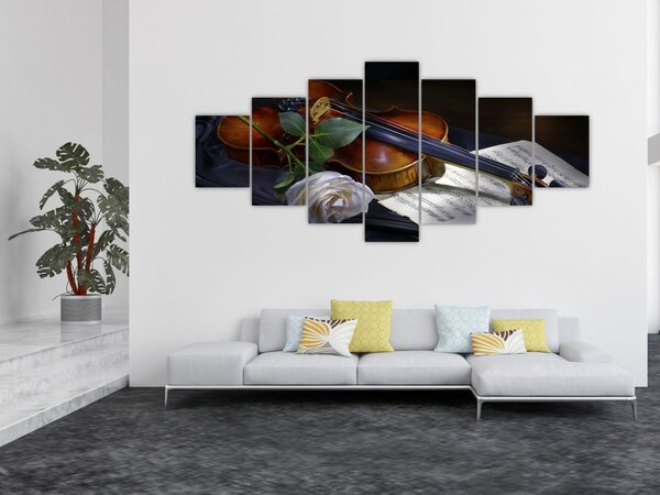 Obraz - Růže a housle (210x100 cm)