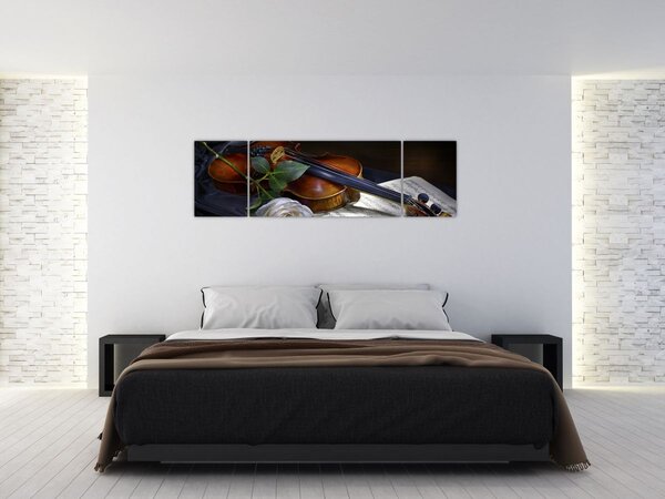 Obraz - Růže a housle (170x50 cm)