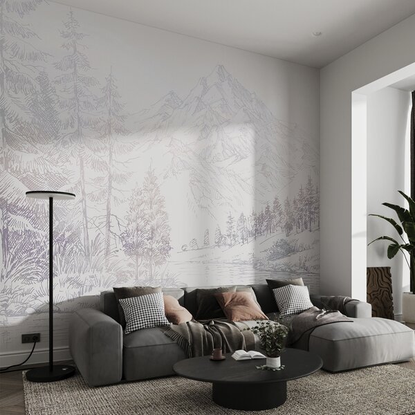 Fototapety Alpská horská krajina, minimalismus, fialové barvy, Fototapety les, Fototapety stromy, u99569v1 : uwalls.cz
