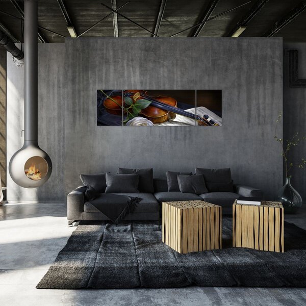 Obraz - Růže a housle (170x50 cm)