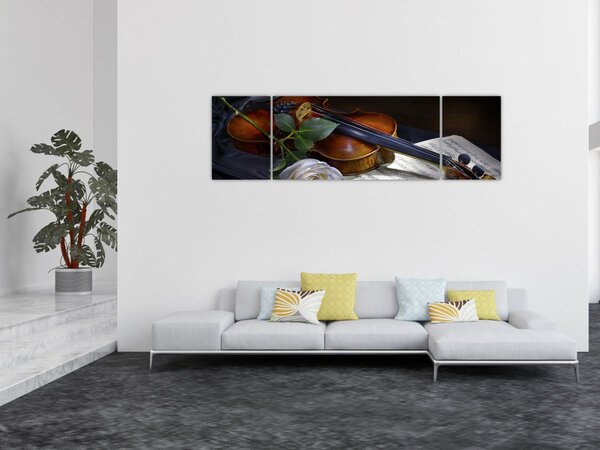 Obraz - Růže a housle (170x50 cm)