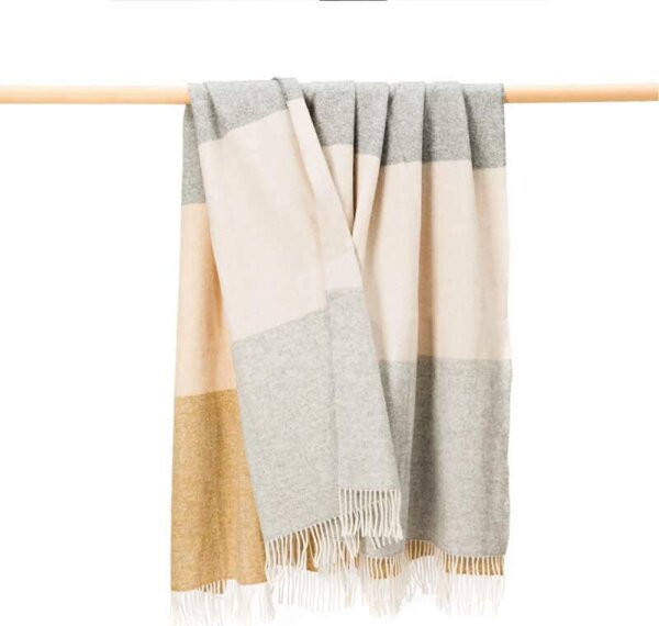 Deka z Merino jehněčí vlny Camel Beige Grey Herringbone Stripe 200 x 150 cm John Hanly