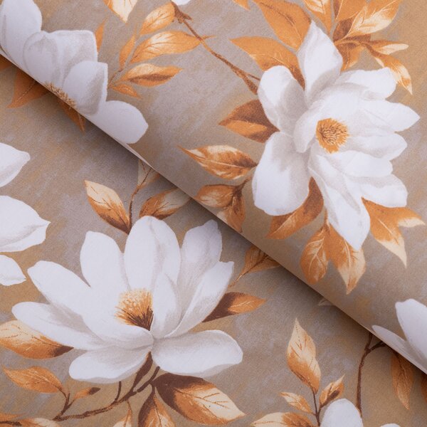 Biante Bavlněný oválný ubrus Sandra SA-717 Bílé květy magnolie na hnědošedém 50x100 cm