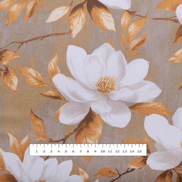 Biante Bavlněný oválný ubrus Sandra SA-717 Bílé květy magnolie na hnědošedém 50x100 cm