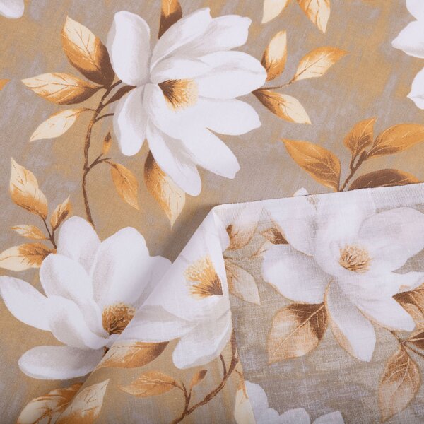 Biante Bavlněný závěs Sandra SA-717 Bílé květy magnolie na hnědošedém 150x140 cm