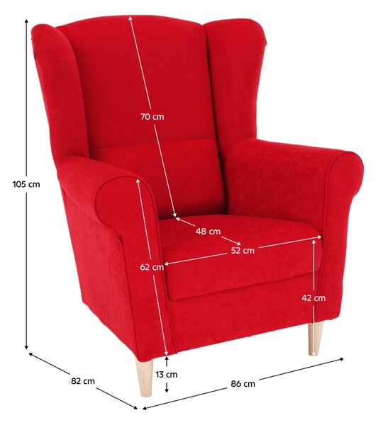 Relaxační křeslo, ušák, dřevo/látka, nohy světlé/potah červený, Tempo Kondela CHARLOT