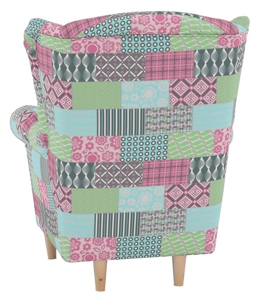 Relaxační křeslo, ušák, dřevo/látka, nohy světlé/potah patchwork M1, Tempo Kondela CHARLOT