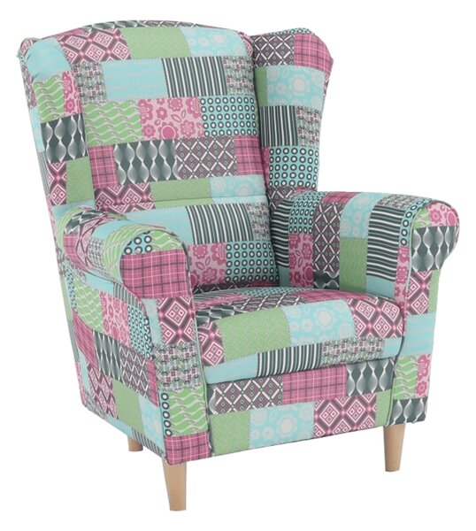 Relaxační křeslo, ušák, dřevo/látka, nohy světlé/potah patchwork M1, Tempo Kondela CHARLOT