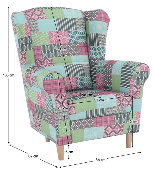 Relaxační křeslo, ušák, dřevo/látka, nohy světlé/potah patchwork M1, Tempo Kondela CHARLOT