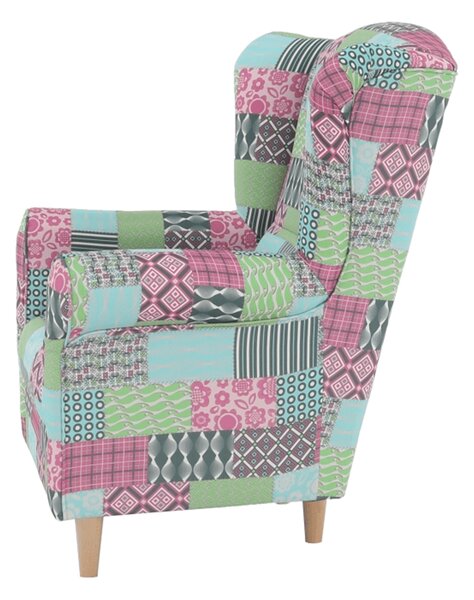 Relaxační křeslo, ušák, dřevo/látka, nohy světlé/potah patchwork M1, Tempo Kondela CHARLOT