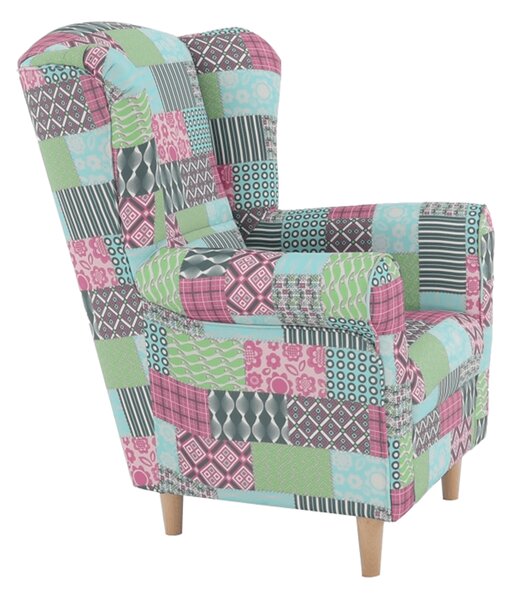 Relaxační křeslo, ušák, dřevo/látka, nohy světlé/potah patchwork M1, Tempo Kondela CHARLOT
