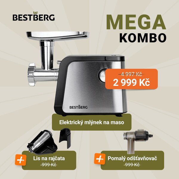 MEGAKOMBO Elektrický mlýnek na maso BestBerg BBM-2500 + nástavce lisu na rajčata a odšťavňovače