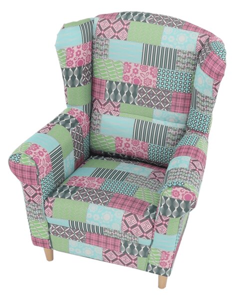 Relaxační křeslo, ušák, dřevo/látka, nohy světlé/potah patchwork M1, Tempo Kondela CHARLOT