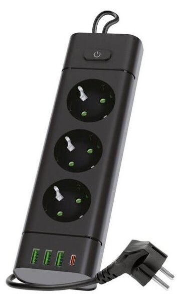 Rozbočovací zásuvka s vyp. LINEA PRO 3x230V+3xUSB-A + 1xUSB-C SCHUKO 1,5 m černá