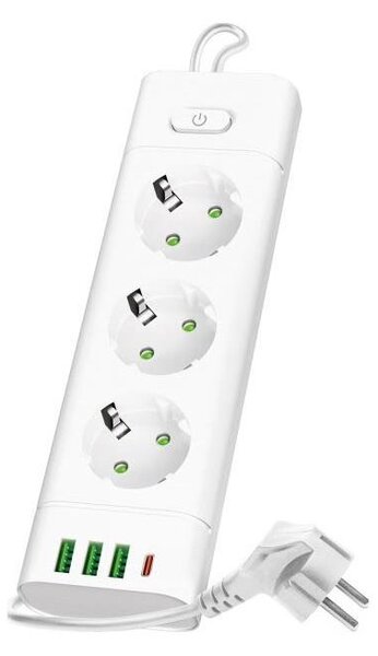 Rozbočovací zásuvka s vyp. LINEA PRO 3x230V+ 3xUSB-A + 1xUSB-C SCHUKO 1,5 m bílá